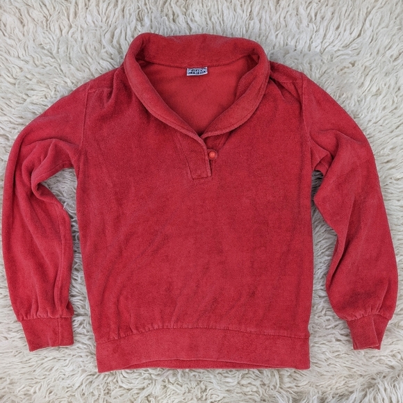 Vintage 80s 90s Terry Cloth Red Collar Shirt Top - Picture 3 of 4